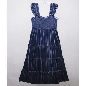 Crown Ivy‎ Dress Large Navy Blue Velvet Ruffle Smocked Flowy Tiered Midi Boho